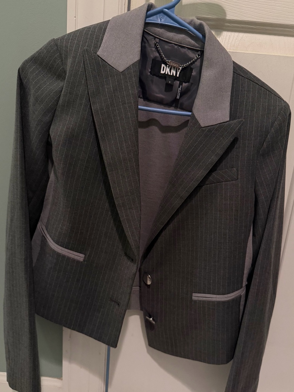 DKNY Charcoal Pinstripe Blazer with Light Gray Trim NWOT